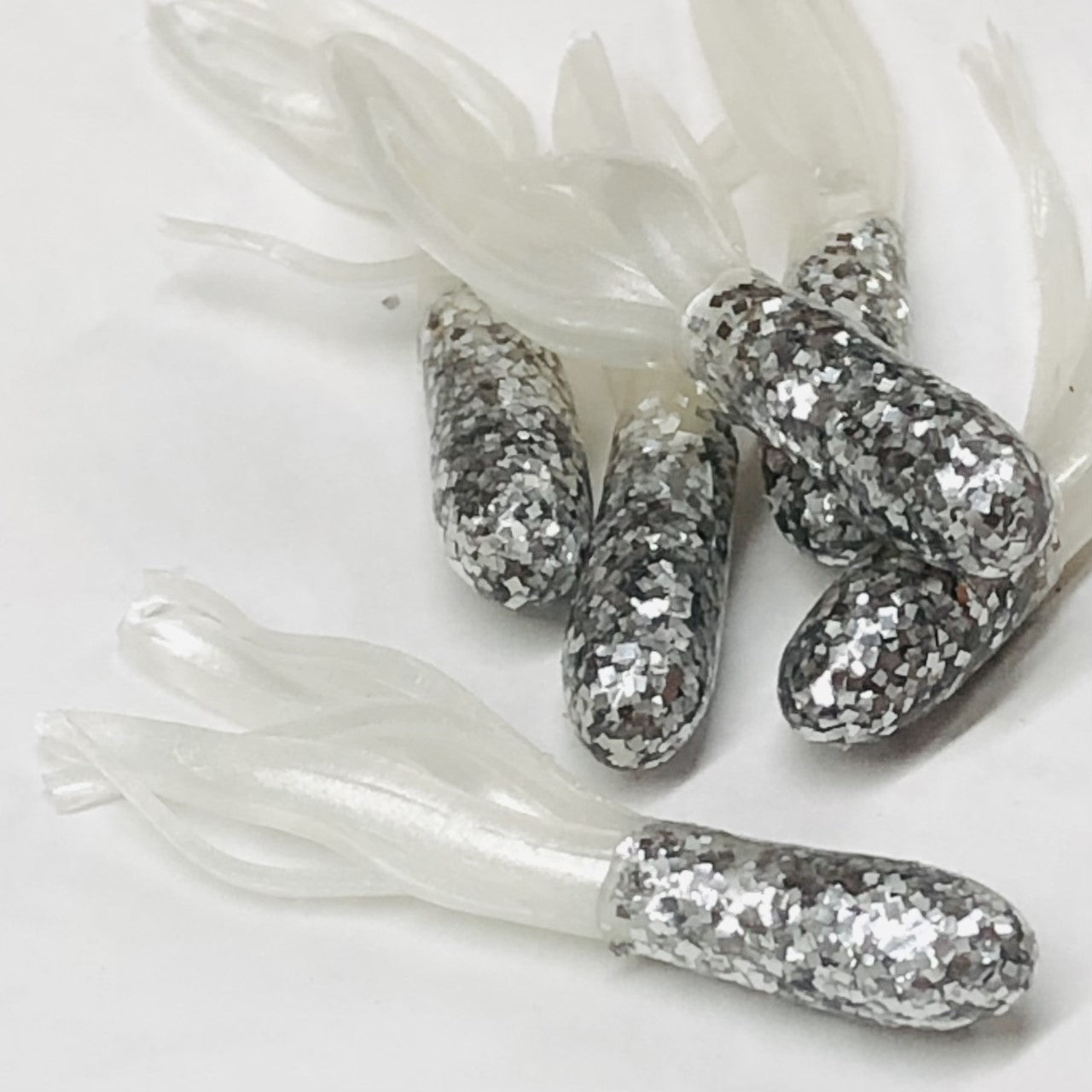 1.5 Glitter-Head Crappie Tube Silver Glitter/White / 50 Pack